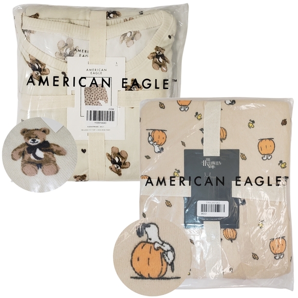 2 American Eagle Pajama Sets Teddy Bears & Snoopy Women Large Luxe Plush Bundle - Picture 1 of 5